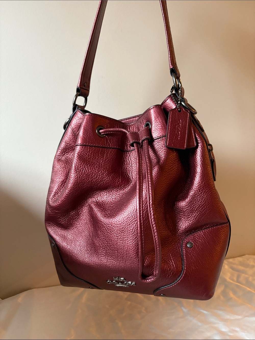 Coach Mickie Drawstring in Metallic Garnet Red Pebbled Leather
